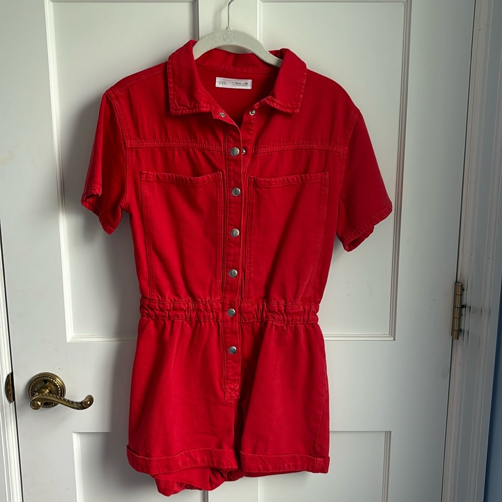 Zara Girl’s Denim Front Button Collared Romper - size: 13-14 - color: red/orange